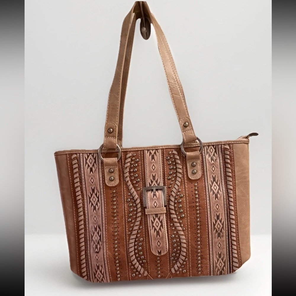 Montana West Tan and Brown Patterned Tote and Wallet Set